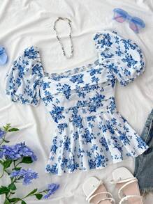 SHEIN Teen Girls Clothing New Design Square Collar Puff Sleeve Cinched Waist Ruffle Hem Ditsy Ditsy Floral Casual Elegant Blouse