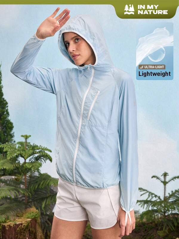 In My Nature Chaqueta con capucha de protección solar con cremallera delantera, manga raglán y unicolor para mujer, ropa de excursionismo para mujeres