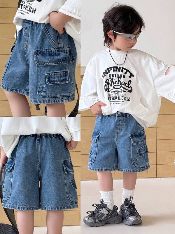 SHEIN Young Boy New Fashion Casual Loose Baggy Blue Denim Cargo Jeans Shorts,Leisure And Versatile For Boys Summer Indoor/Outdoor Wear Clothes And Daily Streetwear Outfits