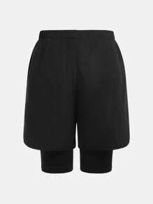 SHEIN Tween Boys' Anti-Flasher Knit Shorts With Woven Printed Pattern, Casual Sports Shorts - Black - View 2