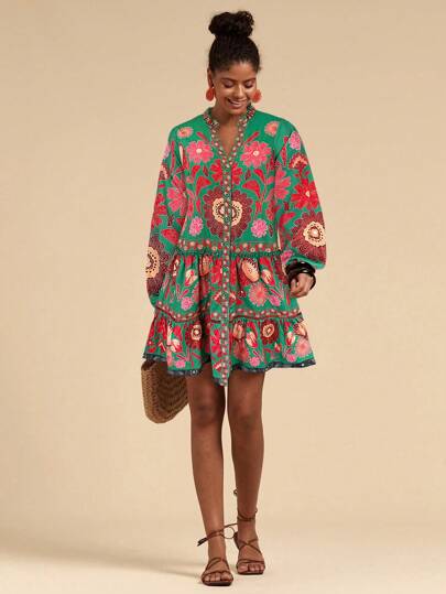 Travachic 印花宽松罩衫连衣裙，长袖，墨西哥女装，度假休闲连衣裙