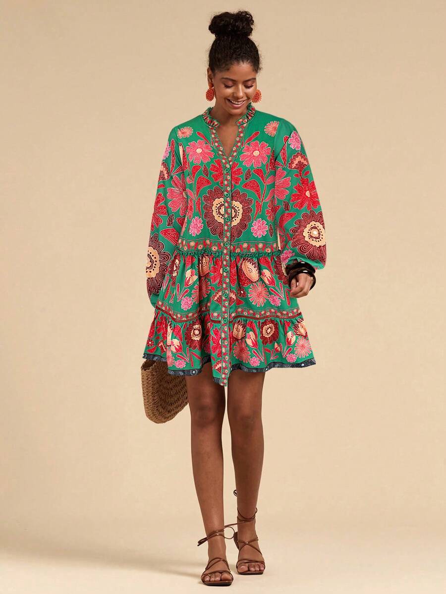 Travachic 印花宽松罩衫连衣裙，长袖，墨西哥女装，度假休闲连衣裙 - 綠色 - 查看 1