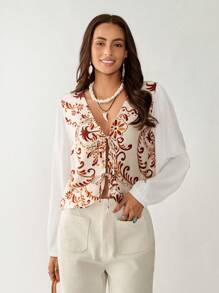 Florisole 波西米亚风格 V 领开衫系带度假衬衫女士夏季 - 棕色 - 查看 6