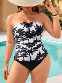 SHEIN Swim Curve Plus Size Women Simple Daily Summer Swimwear Camisole Bikini - Black and White - View 3