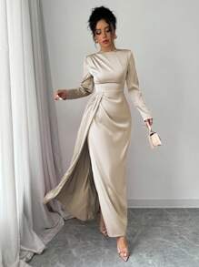 Elenzga Vestido largo con manga larga, escote en hombros fruncidos, corte de seda satinado con abertura lateral, elegante atuendo de mujer