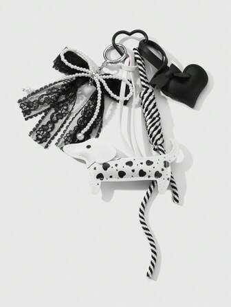 Kawaii 1pc Miu Style Exquisite & Cute Versatile Sweet High-Quality Handmade Beaded White Faux Pearl Black Lace Bowknot Multi-Layer Leather Heart Dachshund Braided Rope DIY Keychain/Bag Charm, Suitable For Girls & Women's Daily Wear, Holiday Gift