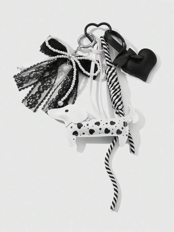 ROMWE Kawaii 1 pieza Estilo Miu Exquisito y Lindo Versátil Dulce de Alta Calidad Hecho a Mano Abalorios Blanco Perla Falsa Negro Encaje Lazo Multi Capa Corazón Salchicha Trenzado Cuerda Llavero/Charm para Bolso, Adecuado para Uso Diario de Niñas y Mujeres, Regalo para Vacaciones