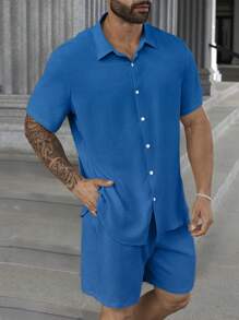 Manfinity Homme 2 Pieces Plus Size Men's Solid Color Short Sleeve Shirt And Cargo Shorts Set - Blue - View 6