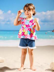 Young Girls 2pcs/Set Summer Floral Print Ruffle Hem Vest And Ruffle Trim Denim Shorts, Suitable For Beach Vacation