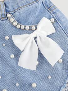 SHEIN Girlism Shorts di jeans eleganti da ragazza tween, lavaggio chiaro, effetto vissuto, con fiocco, inserti in tasche, perle finte e orlo sfrangiato, adatti per vacanze primaverili ed estive, festival