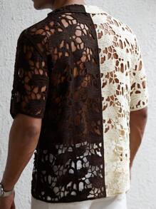 Manfinity Homme Men's Contrast Color Front Button Sheer Casual Short Sleeve Crochet Knit Shirt, Men's Crochet Shirt, Open Knit Shirt Men, Men's Lace Shirt, Men's Summer Shirts