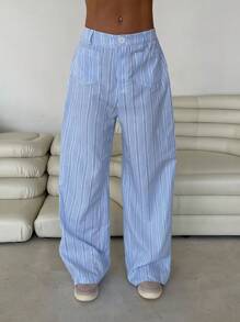 Roylia Pantalones rectos casuales con bolsillo y estampado a rayas