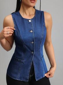 SHEIN Tall Women Casual Fit Long Blue Fall Mom Summer Denim Top - Dark Wash - View 1