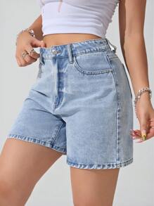 SHEIN ICON 女式纯色口袋休闲牛仔短裤，夏季 - 淺色水洗藍 - 查看 4