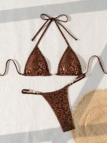 Swim Vcay 2025 Leopard Print Jacquard Tankini Swimsuit For Summer Beach Vacation - Coffee Brown - View 3