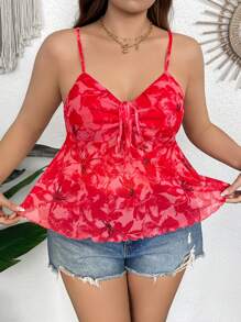 SHEIN VCAY Plus Size Women Floral Print Fashion Front Drawstring Design Camisole Vest