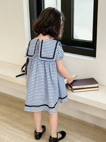 SHEIN Young Girl 's Striped Sailor Collar Puff Sleeve Mini Dress - Blue - View 2