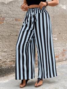 SHEIN LUNE Große Größen Sommer Lässig gestreifte Hose mit Kordel Taille und weitem gerade Bein