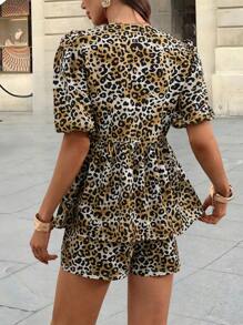 INAWLY Setelan 2 Potong Atasan Lengan Mengembang Motif Leopard dan Celana Pendek untuk Wanita, Busana Festival Musim Panas yang Modis - Chocolate Brown - View 2