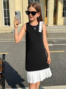 Nova Glow Tween Girls Casual Round Neck A-Line Mixed Material Belted Dress With Bow Decor - Black - View 1