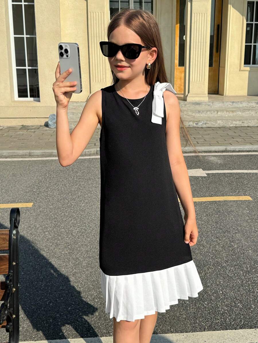 Nova Glow Tween Girls Casual Round Neck A-Line Mixed Material Belted Dress With Bow Decor - Black - View 1