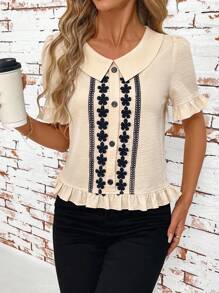 SHEIN Clasi Áo thun nữ tay ngắn cài nút phía trước màu trơn, trang phục thường ngày, áo đi chơi, áo sơ mi nữ mùa hè kiểu đồng quê dành cho nữ áo sơ mi nữ mùa hè cài nút dành cho nữ kiểu đồng quê - Màu be - Xem 3