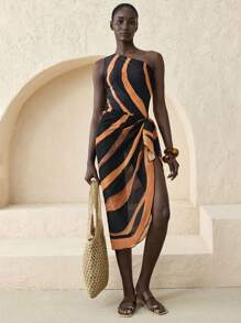 Ontre Conjunto de traje de baño estampado de cebra negro y naranja para mujer para festivales de música, conciertos, festivales de música country, estilo de vacaciones, cubierta de playa, primavera/verano 2025