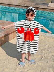 SHEIN 1pc Young Boys' Casual Cartoon Crab Striped Hooded Sleeveless Romper Swimsuit Robe, Suitable For Spring/Summer, Beach/Water Activities - Multicolor - View 2