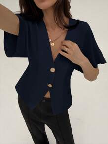 Aloruh Elegant Bat Wing Sleeve Open Front Solid Simple Blouse - Navy Blue - View 6