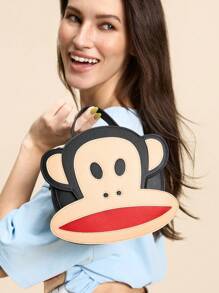 Paul Frank X SHEIN 1pc Pu Leather Monkey Printed Patchwork Top Handbag, With A Long Shoulder Strap For Crossbody, Suitable For Commuting, Outings, Travel, Can Store Wallets, Small Water Bottles, Personal Belongings, Suitable For Women, Street