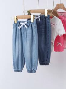 SHEIN 2pcs Dark Blue & Light Blue Denim Pants Set For Baby Girls - Multicolor - View 1