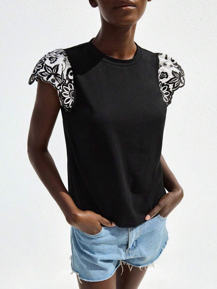 Maija 2025 Summer New Design Contrast Color Flutter Sleeve Embroidered Round Neck Women T-Shirt Vest, Business Casual Daily Commute, Elegant For Beach Resort, Wedding, Music Festival, Breakfast At Airport, 90s Vintage Basics Business Casual Women Clothing - Black - View 1