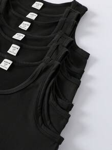 SHEIN Genkimix Kids 6 件/包年轻男孩黑色圆领无袖背心，柔软针织面料，适合休闲、运动、度假，可搭配短裤，非常适合日常、学校、度假穿着 - 黑色 - 查看 9