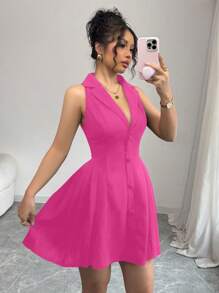 Elenzga Women Solid Color Lapel Neck Single Breasted Sleeveless Mini Dress - Hot Pink - View 7