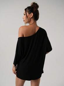 SHEIN ICON Casual American Street Style Oblique Shoulder Loose T-Shirt, Solid Black - Black - View 2
