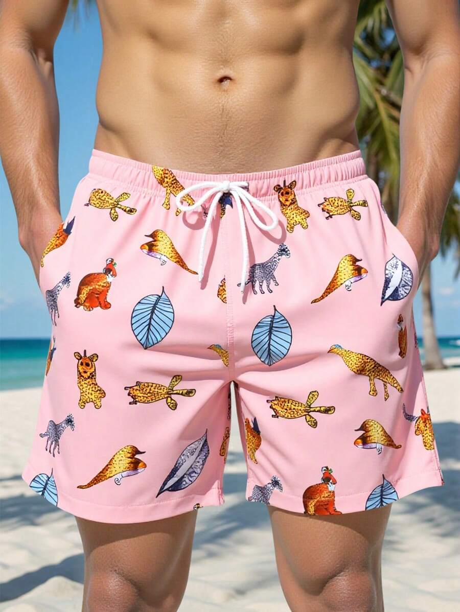 Surfspeed Men's Animal Print Drawstring Waist Beach Shorts Men Swim Trunks - Pink - View 1