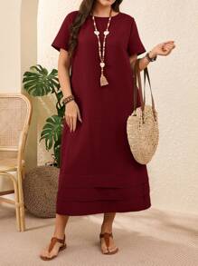 EMERY ROSE 大码纯色短袖休闲度假连衣裙春季女装度假乡村鼠尾草绿