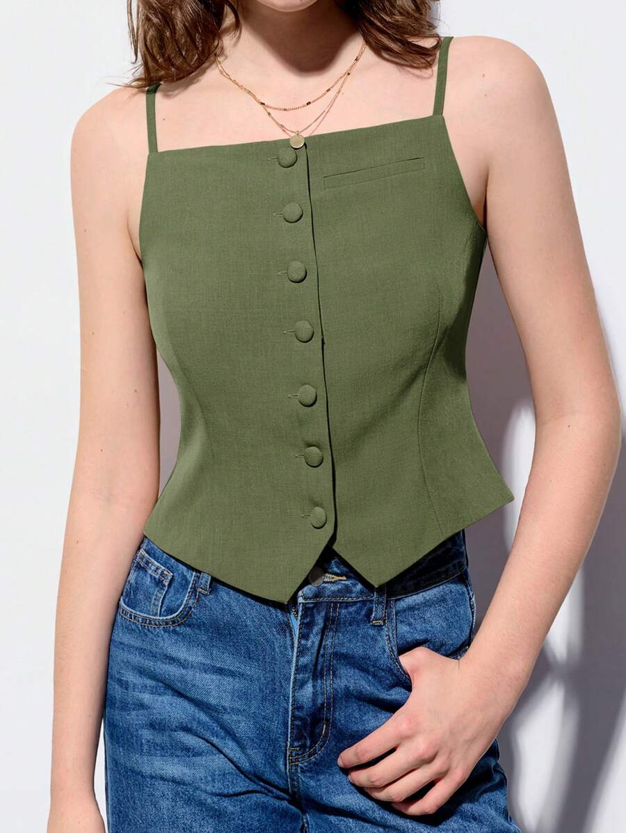 Maija 春夏新款芥末绿可调节肩带单排扣修身吊带背心，带衬里，优雅百搭，适合狂欢节、派对、情人节、返校季、音乐节、圣帕特里克节、复活节、夏季派对、海滩度假、夏季外出、毕业季等场合。 - 軍綠色 - 查看 1