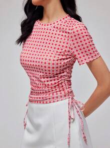 Roylia Women's Red Plaid Print Short Sleeve Cinched Waist T-Shirt, Summer - Red - View 6