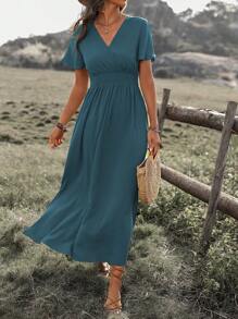 Breezaya Robe longue fendue col en V de couleur unie, tenue de vacances à la plage pour femmes