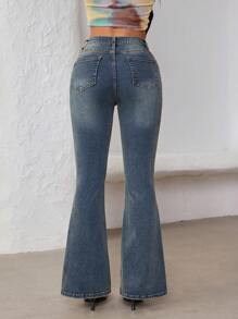 SHEIN ICON Women's Solid Color Pocket Tight Flared Leg Casual Jeans