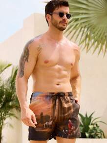 Manfinity Men's Summer Portrait Pattern Drawstring Waist Beach Shorts