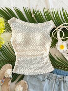 SHEIN 少女度假米色针织纹理面料不对称肩部系带袖口褶皱腰部修身上衣，适合派对、城市街道、海滩、夏季 - 杏色 - 查看 4