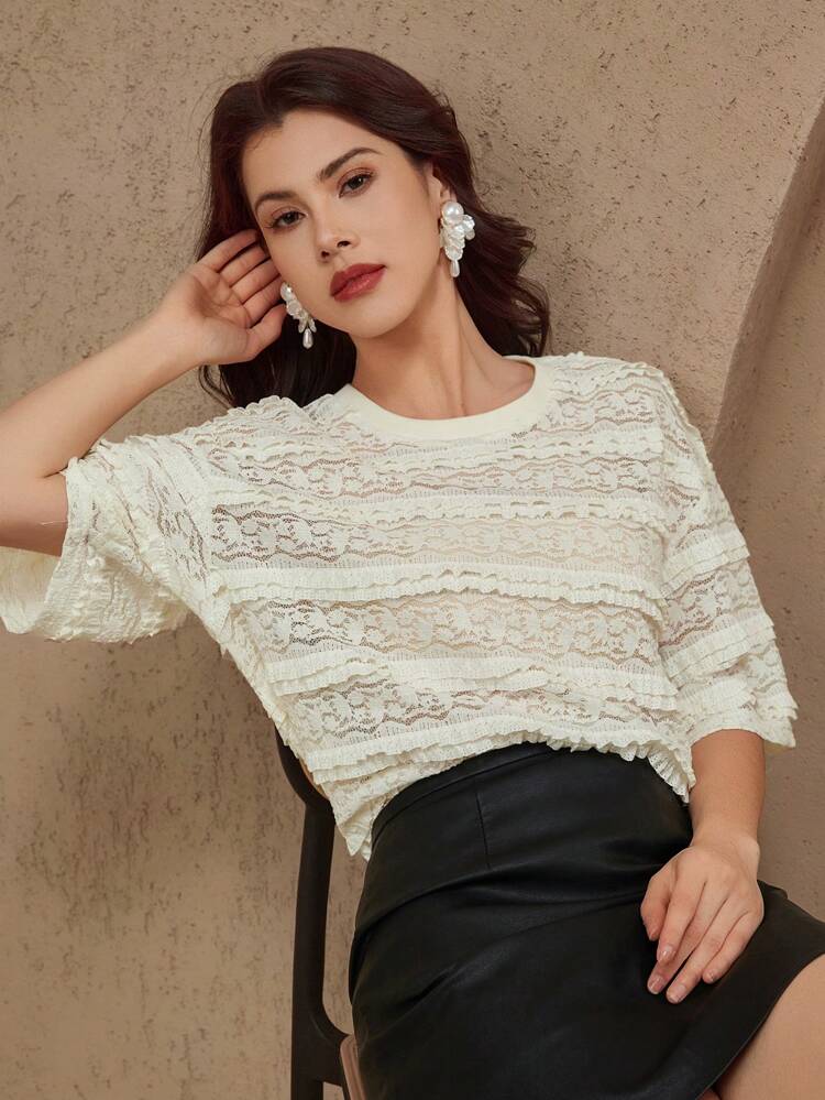 Solid Color Lace Trim Loose Short Sleeve Casual Holiday Summer Shirt For Women