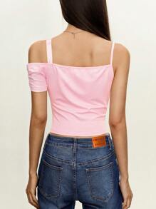 Rina Fox Camiseta corta de mujer con manga corta, cuello asimétrico y nudo delantero