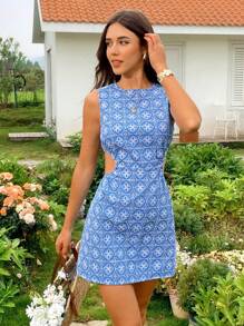 SHEIN VCAY 女士梭织无袖镂空迷你连衣裙，度假风格，梭织印花图案，女士休闲夏季度假装，波西米亚海滩度假装，波西米亚风，乡村音乐会装，节日庆典装，女士沙滩装，女士夏季装，复古风女士，毕业装，夏季太阳裙，女士生日礼服 - 藍色 - 查看 4