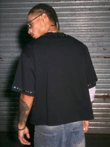 AXEPEAK Kaos Lengan Pendek Longgar Model Boxy Kerah Bulat Gaya Streetwear Ins yang Modis untuk Pria, Musim Panas, Rave - Hitam - View 3