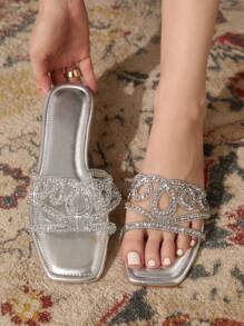 CUCCOO TILAWA Women's Fashion Square Toe Casual Outdoor Rhinestone Slip-On Flat Sandals - Silver - View 4