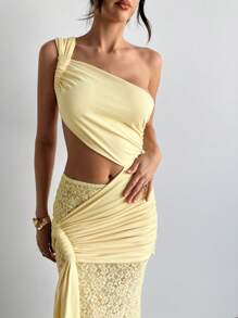 Aloruh Abito mini sexy con vita in pizzo giallo e inserti in pizzo, senza maniche, per donna