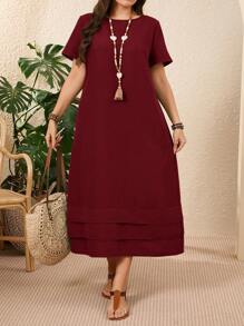 EMERY ROSE 大码纯色短袖休闲度假连衣裙春季女装度假乡村鼠尾草绿